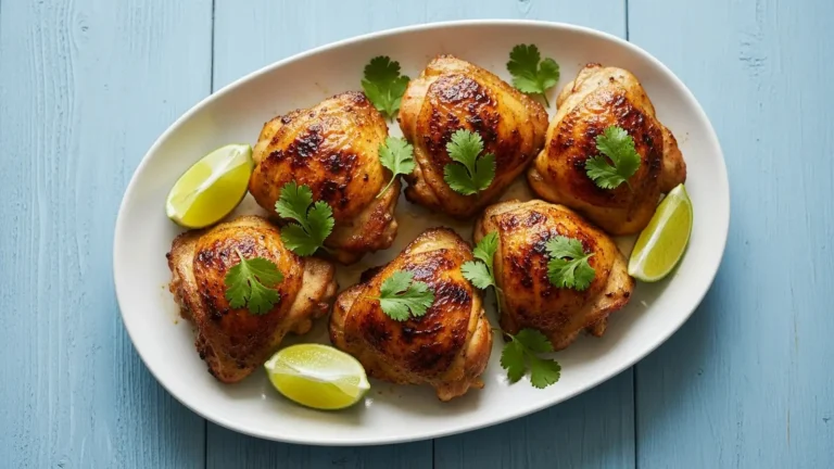 Golden-brown chicken thighs with char marks, garnished with fresh cilantro and lime wedges on a white platter.