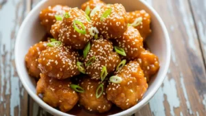 Crispy golden-brown chicken pieces coated in a vibrant orange sauce, garnished with white sesame seeds and green onion slices, in a white bowl.