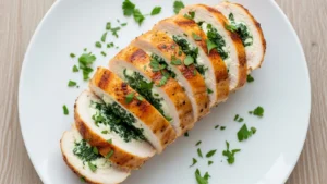 Golden-brown chicken breast sliced open to show a creamy spinach and cream cheese filling on a white plate.