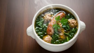 Hearty chicken sausage and kale soup in a white bowl, garnished with fresh herbs, on a dark wooden surface.