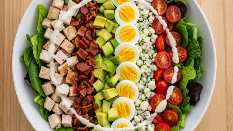 Vibrant low carb cobb chicken salad with rows of chicken, bacon, avocado, eggs, blue cheese, and tomatoes on lettuce, drizzled with dressing.