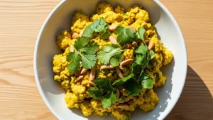 Creamy yellow curried chicken salad with visible celery, red onion, and toasted almonds in a white bowl, garnished with cilantro.