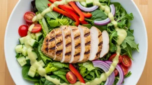 Colorful grilled chicken salad with sliced chicken, mixed greens, and fresh vegetables in a white bowl, drizzled with creamy green dressing.