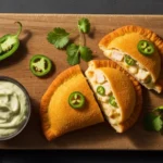 Golden-brown, crispy low carb chicken pockets with visible jalapeno and cheese filling, on a wooden board.