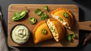 Golden-brown, crispy low carb chicken pockets with visible jalapeno and cheese filling, on a wooden board.