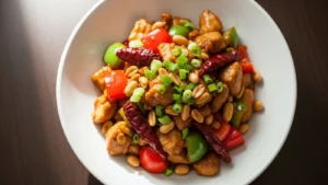 Golden-brown chicken and crisp bell peppers coated in a glossy, dark sauce, topped with green onions and peanuts in a white bowl.