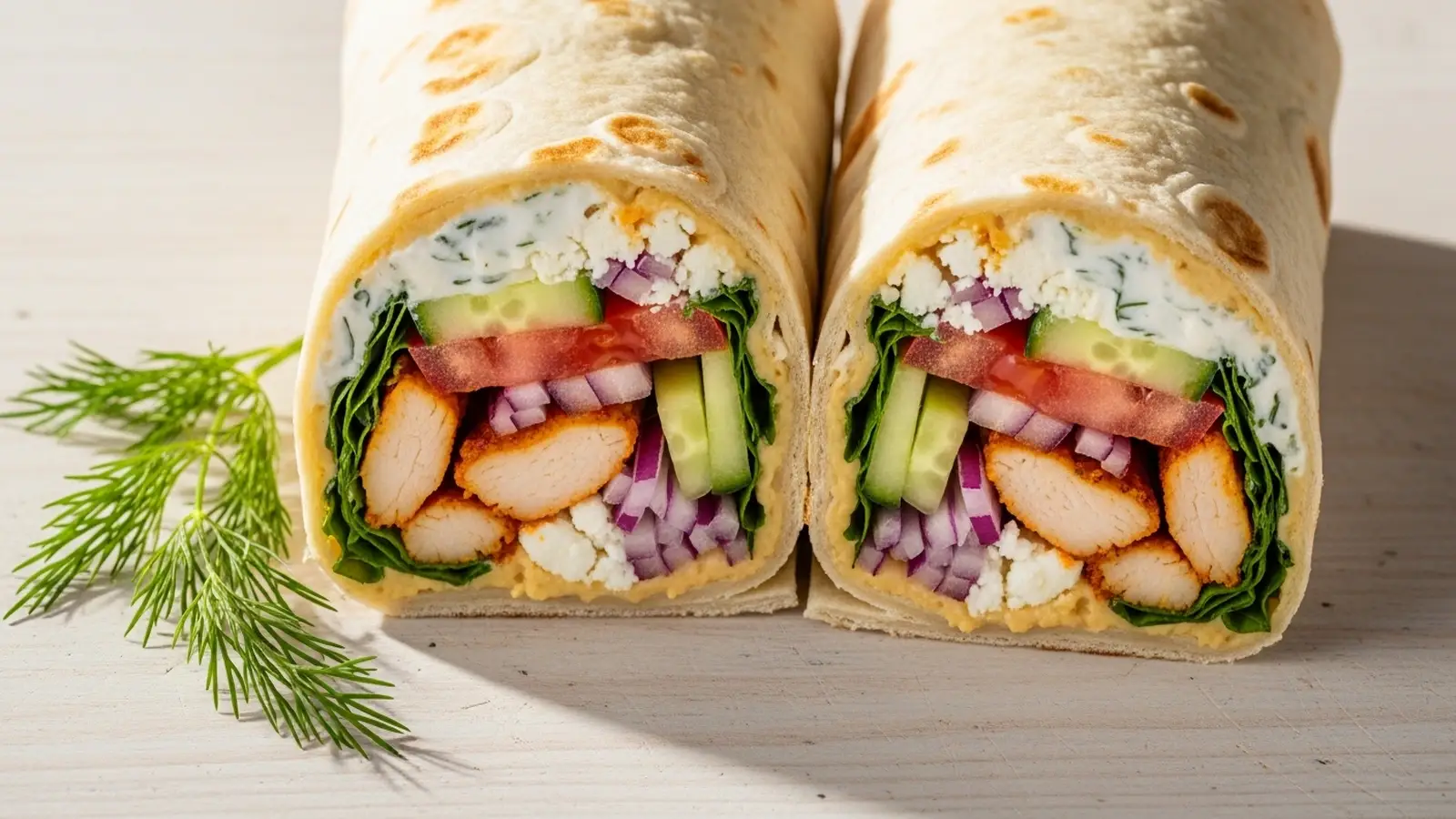 Close-up of a sliced Mediterranean chicken wrap showing chicken, vegetables, and sauces inside a warm pita.
