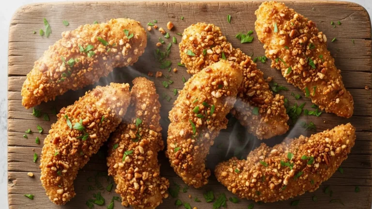 Golden-brown chicken tenders with a textured pecan crust, garnished with fresh parsley on a wooden board.