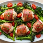 Golden-brown prosciutto-wrapped chicken breasts with roasted broccoli and cherry tomatoes on a white platter.
