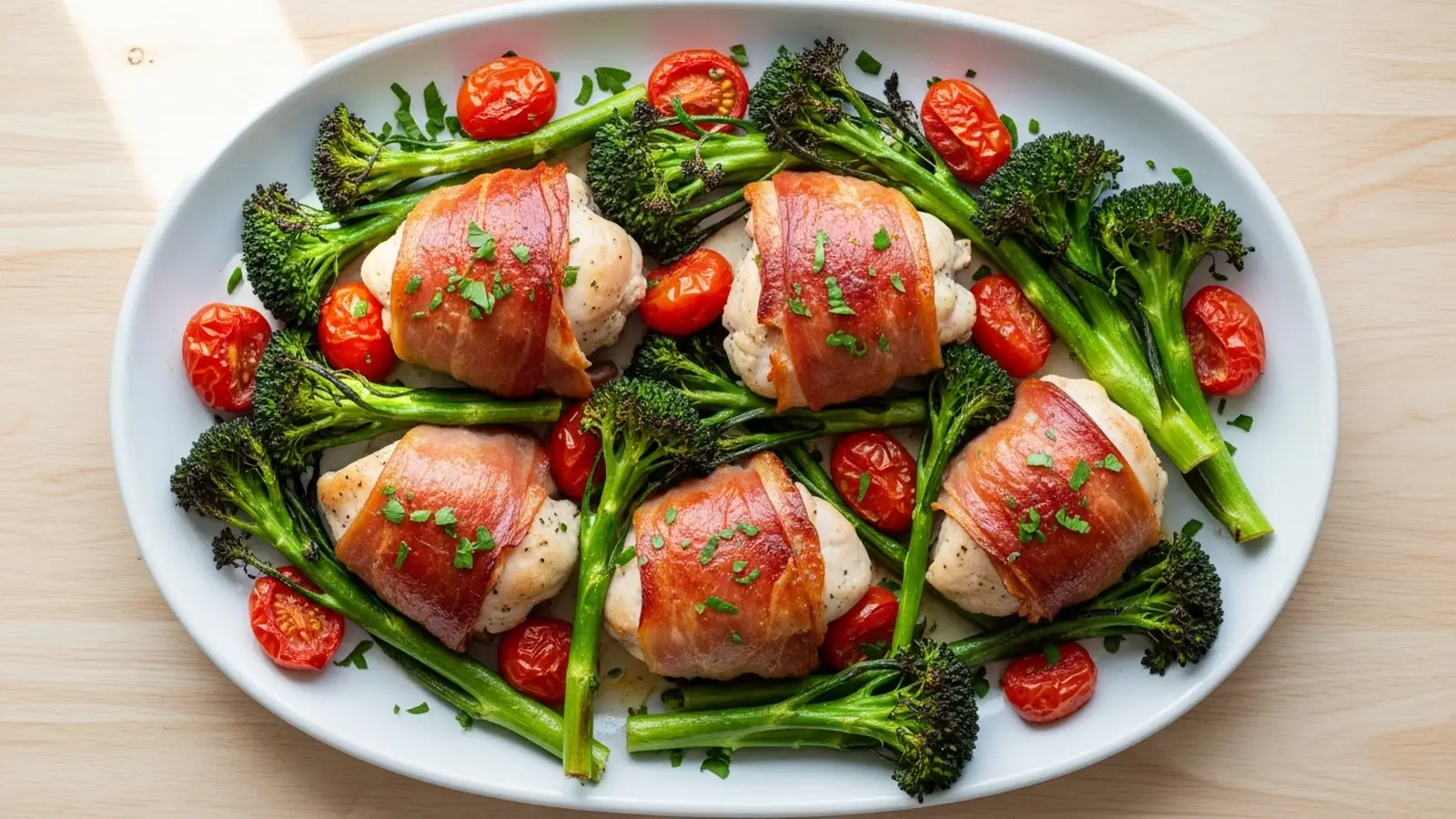 Golden-brown prosciutto-wrapped chicken breasts with roasted broccoli and cherry tomatoes on a white platter.