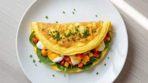Golden-brown omelette filled with chicken sausage, bell peppers, spinach, and melted cheese on a white plate.