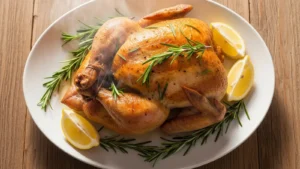 Golden-brown roasted half chicken on a white platter with rosemary and lemon, on a wooden table.