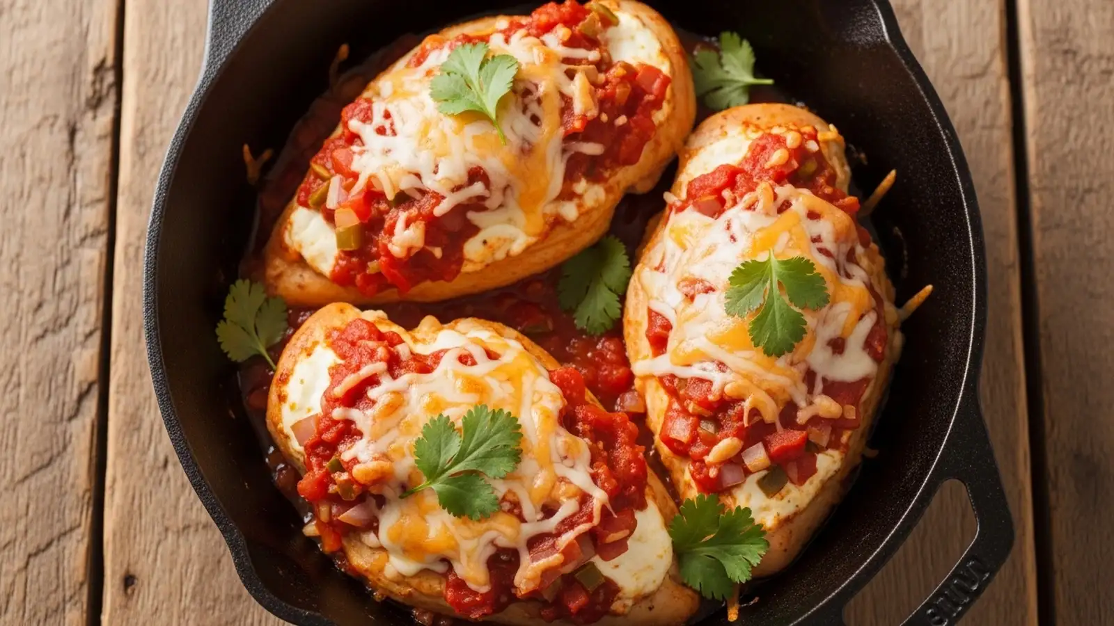 Golden-brown chicken breasts stuffed with cheese and baked in red salsa, garnished with cilantro in a cast iron skillet.
