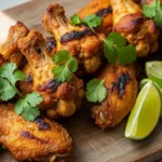 Golden-brown tikka chicken wings on a wooden board, garnished with green cilantro and yellow lime wedges.