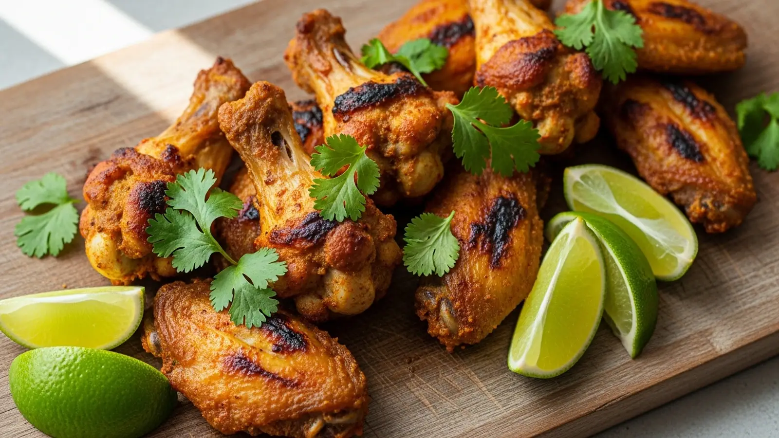 Golden-brown tikka chicken wings on a wooden board, garnished with green cilantro and yellow lime wedges.