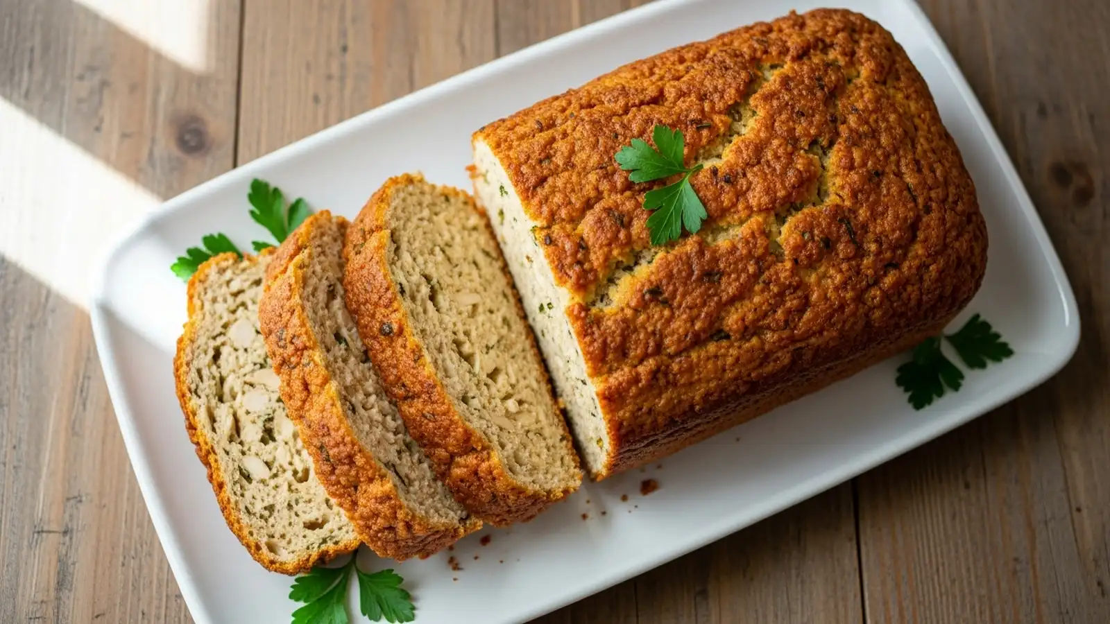 Golden-brown chicken loaf sliced on a white platter, garnished with fresh parsley on a wooden table.