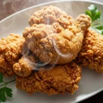 Golden-brown fried chicken pieces with a crunchy coating on a white platter, garnished with parsley.