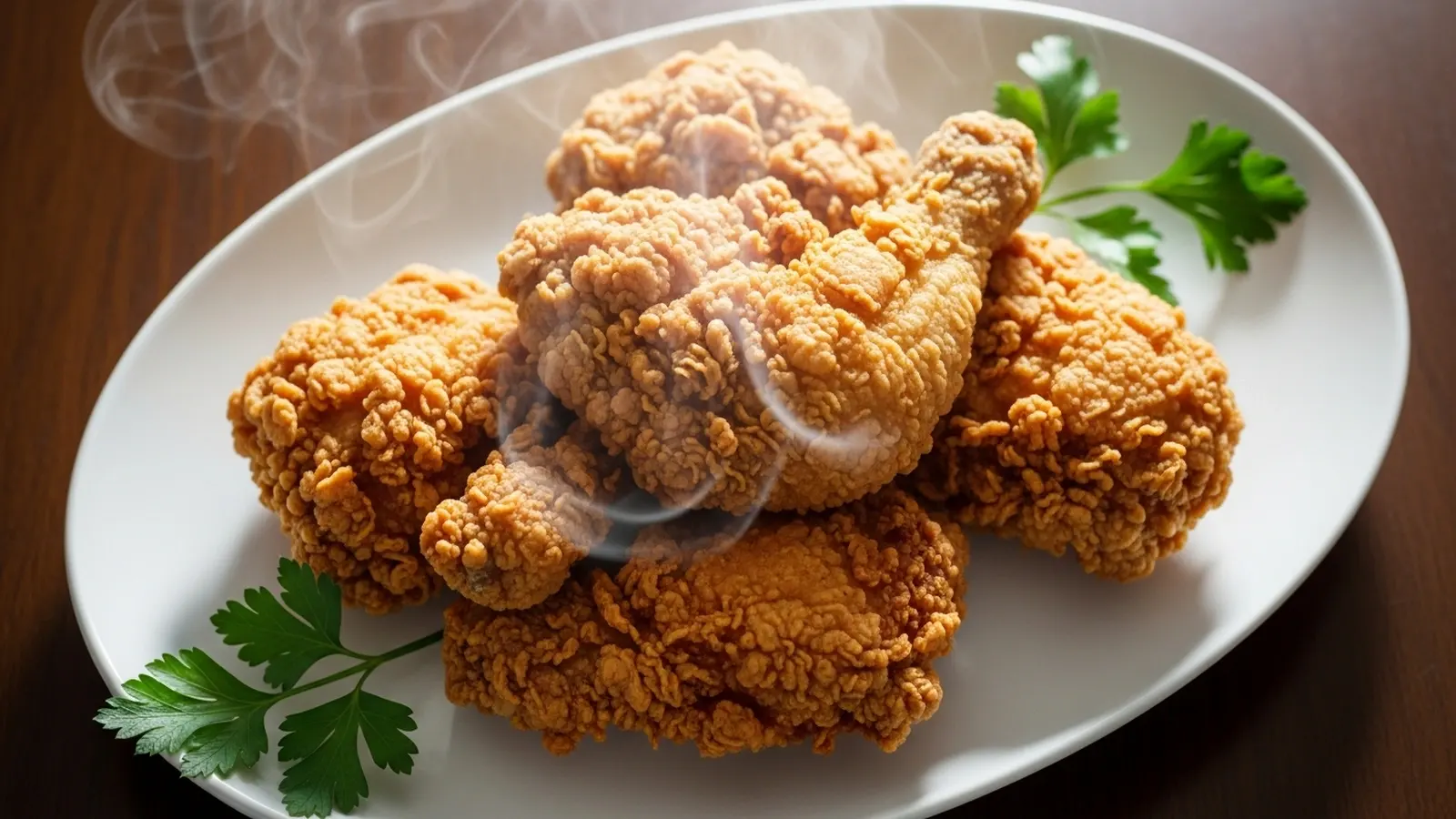Golden-brown fried chicken pieces with a crunchy coating on a white platter, garnished with parsley.