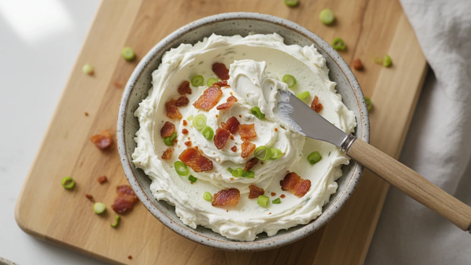Creamy white spread flecked with crispy brown bacon and vibrant green scallions in a small bowl with a spreading knife.
