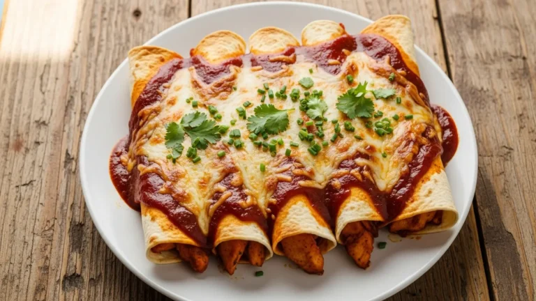 Golden-brown enchiladas with melted cheese and green cilantro in a white baking dish on a wooden surface.
