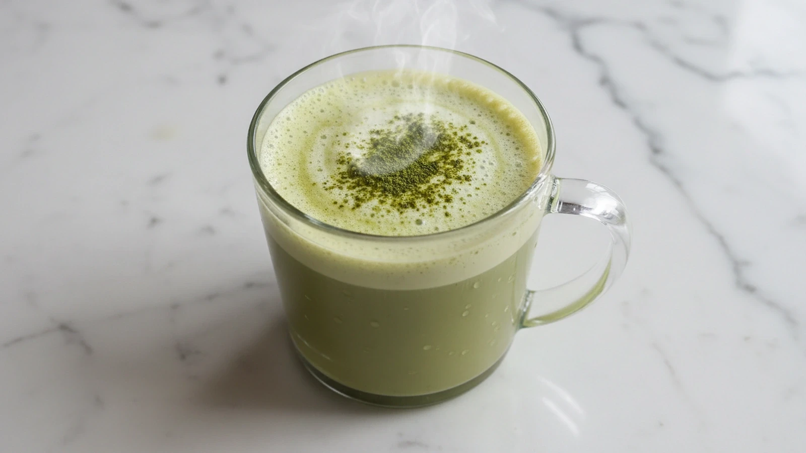 Steaming, frothy green matcha latte in a clear glass mug on a white marble surface with a light matcha dusting.