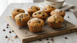 Golden-brown keto chocolate zucchini muffins on a wooden cooling rack, showing a moist interior with chocolate chips and zucchini.