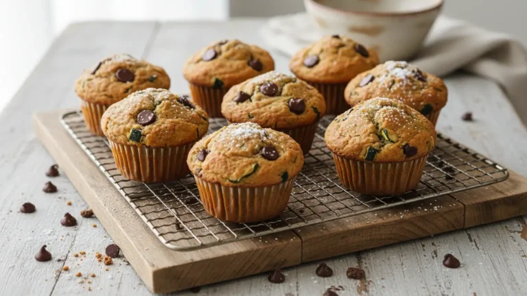 Golden-brown keto chocolate zucchini muffins on a wooden cooling rack, showing a moist interior with chocolate chips and zucchini.