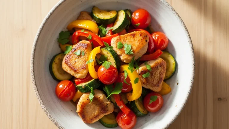 Golden-brown chicken pieces with colorful zucchini, bell peppers, and cherry tomatoes in a white bowl, garnished with parsley.
