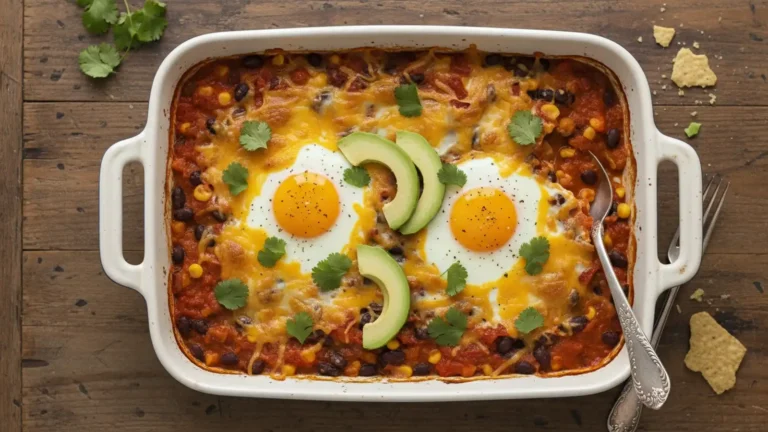 Golden-brown huevos rancheros casserole with set eggs, melted cheese, and fresh cilantro in a white baking dish.