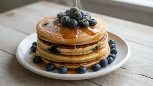 Stack of golden-brown keto blueberry pancakes on a white plate, topped with fresh blueberries and sugar-free syrup.