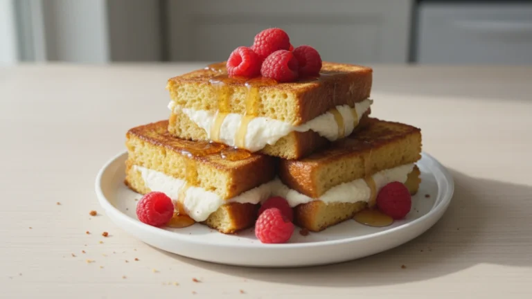 Golden-brown keto french toast stuffed with creamy cheesecake filling, topped with red raspberries and sugar-free syrup.