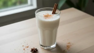Creamy white keto horchata in a clear glass with a cinnamon stick and ground cinnamon on a light wooden table.