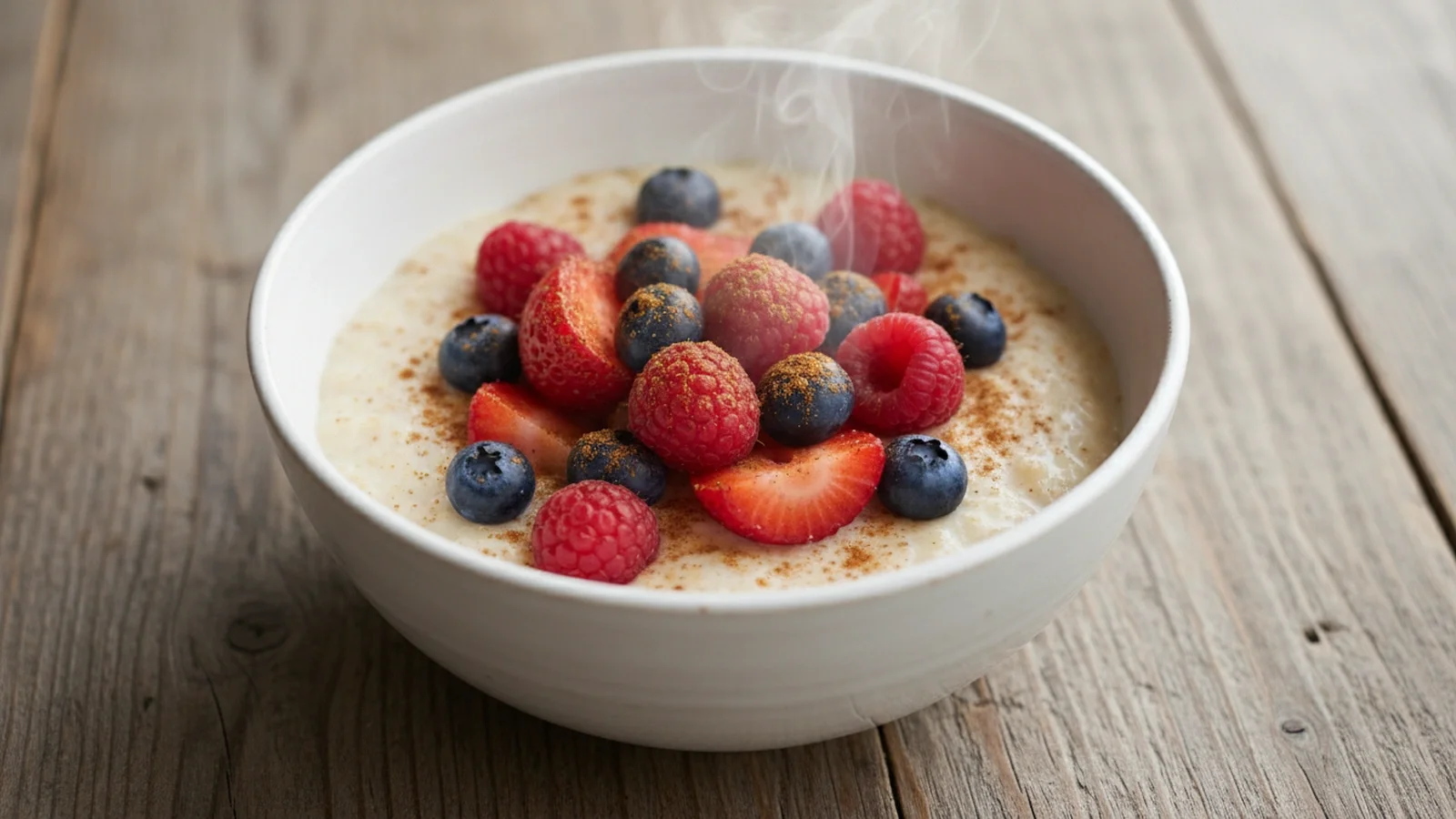 Creamy almond porridge with vibrant red and blue berries, garnished with cinnamon in a white bowl on wood.