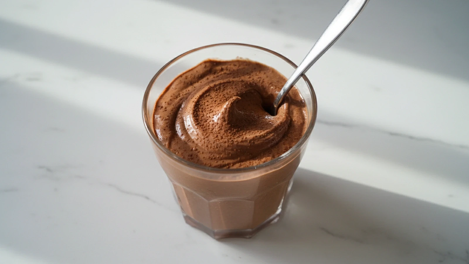 Thick, creamy chocolate frosty in a clear glass with a spoon, dusted with cocoa powder on a white marble surface.