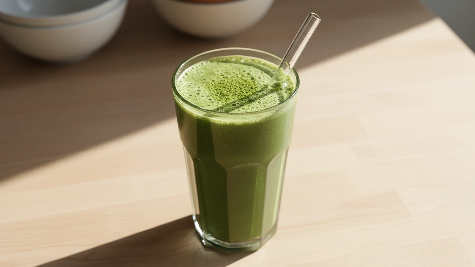 Bright green matcha collagen smoothie in a tall glass with a straw, topped with a dusting of matcha powder.