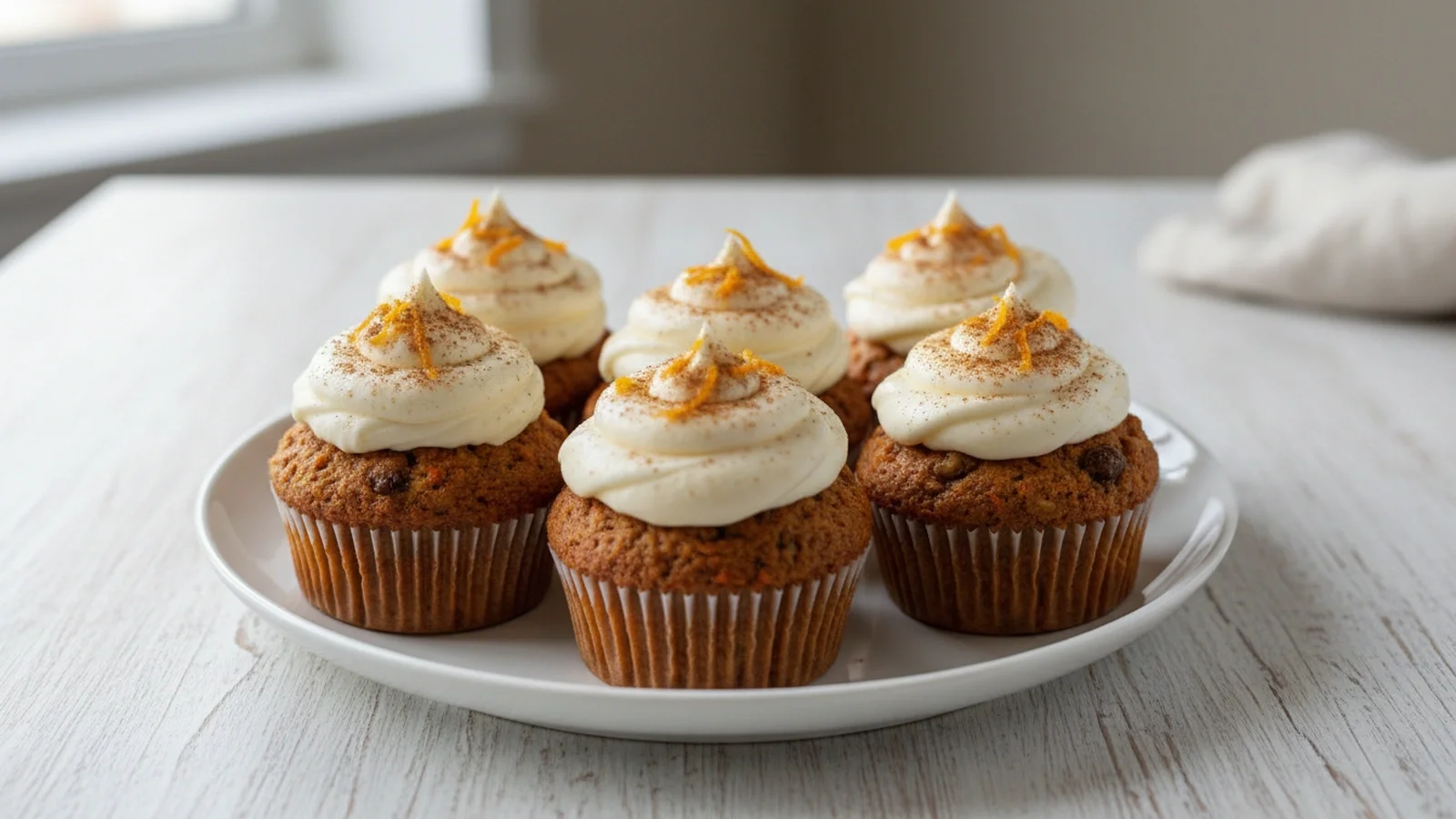 Golden-brown carrot cake cupcakes with thick white cream cheese frosting on a white plate