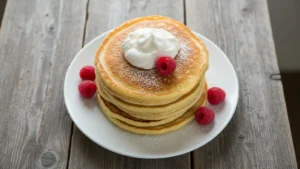 Stack of golden-brown, fluffy pancakes on a white plate, topped with whipped cream and red raspberries.