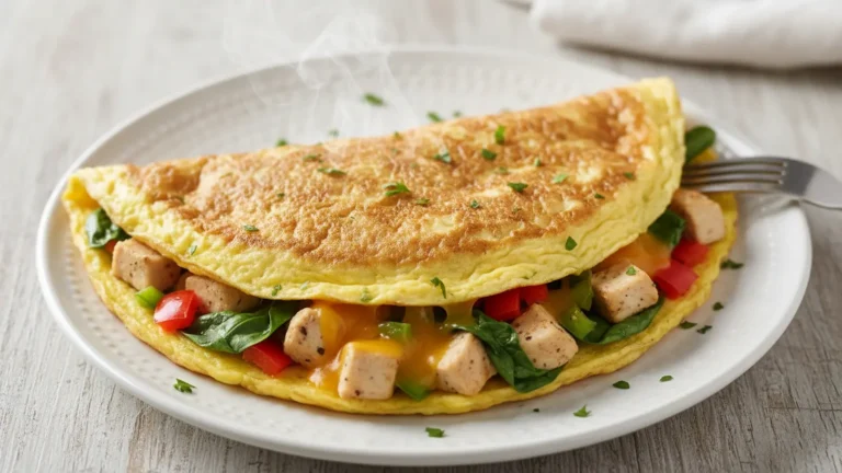 Golden-brown chicken omelette filled with chicken, bell peppers, spinach, and melted cheese, garnished with parsley on a white plate.