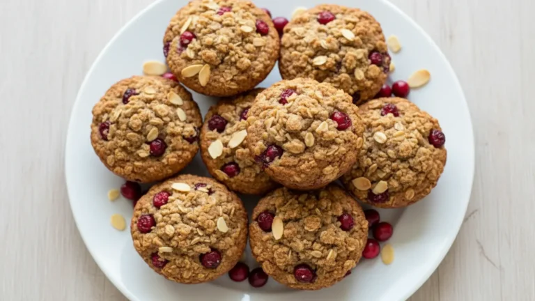 Golden-brown muffins with a crunchy streusel topping, studded with red cranberries and white almond pieces on a white platter.