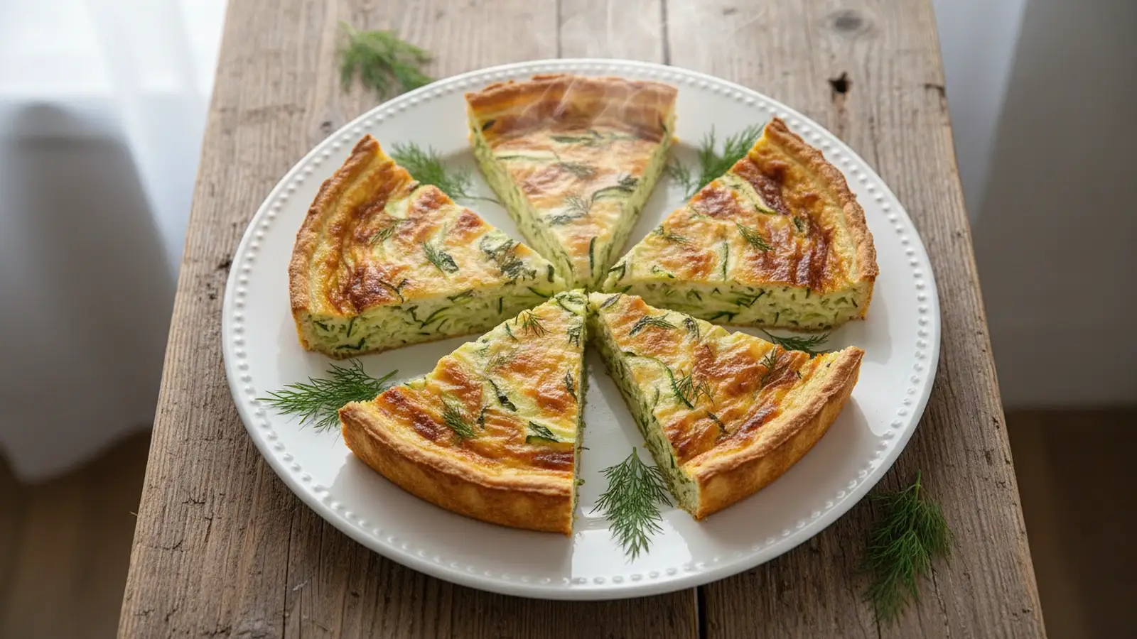 Golden-brown crustless zucchini quiche, sliced into wedges on a white plate, garnished with fresh dill, on a wooden table.