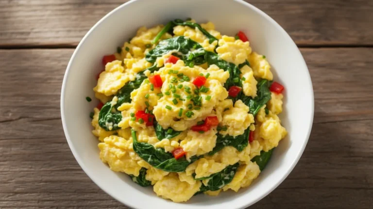 Creamy yellow scrambled eggs with green spinach and red bell peppers in a white bowl, garnished with chives.