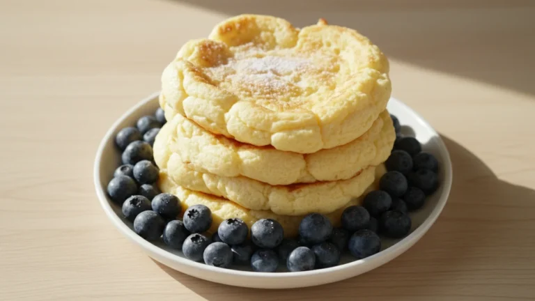 Golden-brown fluffy meringue clouds on a white plate with blueberries and powdered sweetener.