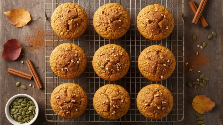Golden-brown pumpkin spice muffins with domed tops on a wire cooling rack, lightly dusted with cinnamon.
