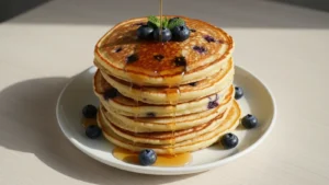 Stack of golden-brown keto almond flour pancakes topped with blueberries and sugar-free syrup on a white plate.
