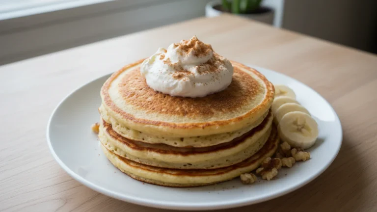 Stack of golden-brown keto banana pancakes with whipped cream and cinnamon on a white plate.