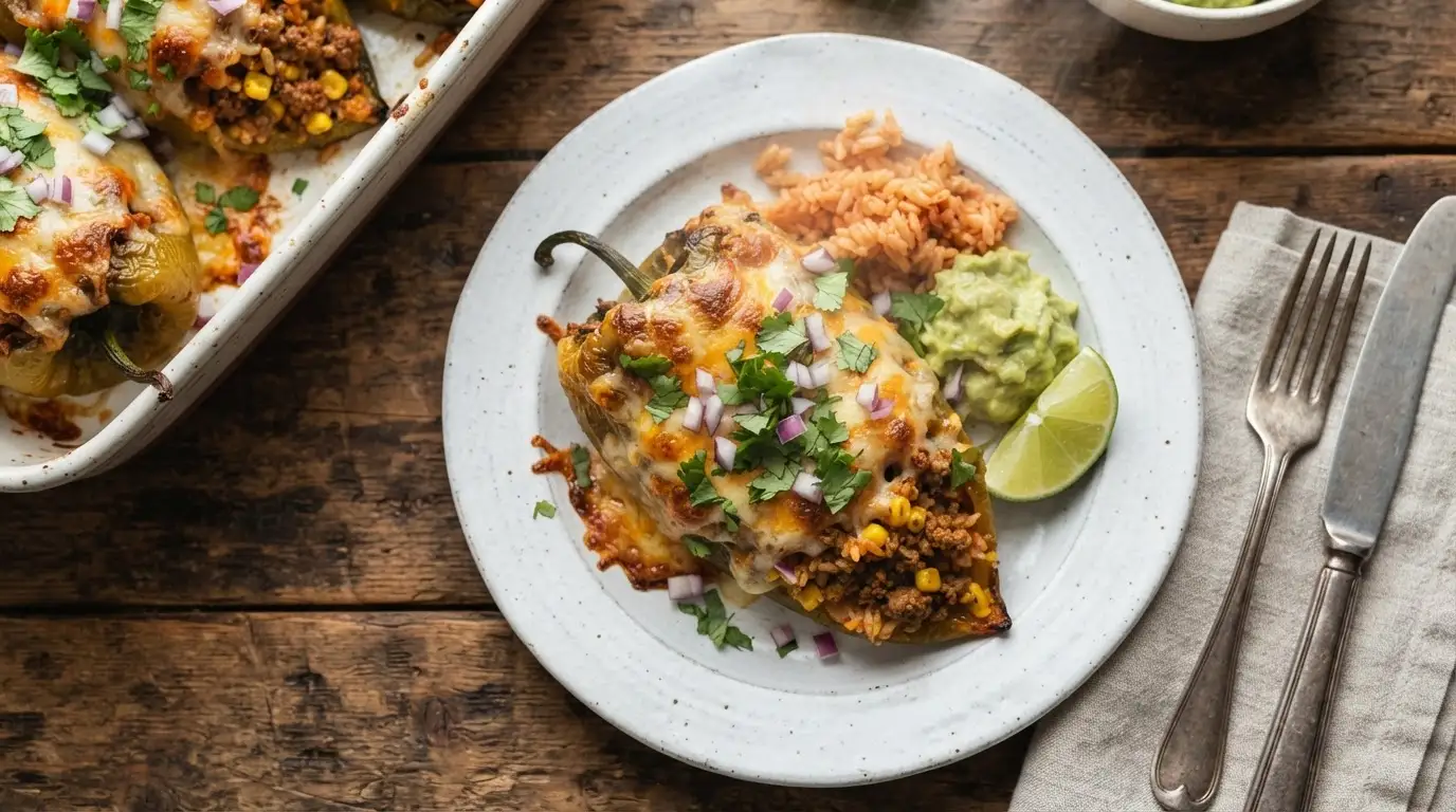 Mexican Ground Beef Stuffed Poblano Peppers
