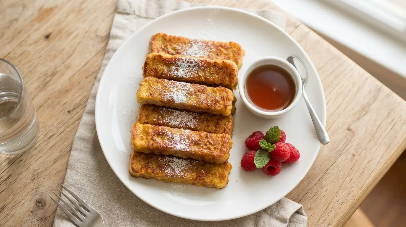 Golden-brown keto french toast sticks on a white plate with sugar-free syrup and raspberries.