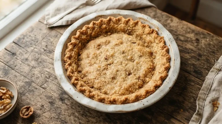 Golden-brown walnut pie crust in a ceramic dish, with a firm, slightly textured edge.