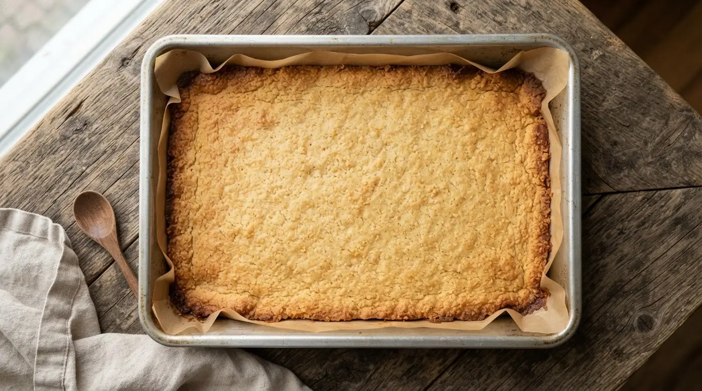Golden-brown shortbread crust baked in a parchment-lined 9x13 inch pan, resting on a wooden surface.