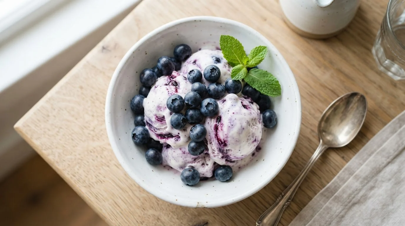 Creamy pale purple ice cream with vibrant blueberry swirls in a white bowl, garnished with fresh blueberries and mint.